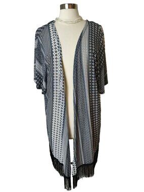 Siren Lily Womens 2X Open Front Kimono Cardigan Fringe Hem Boho Navy/White
